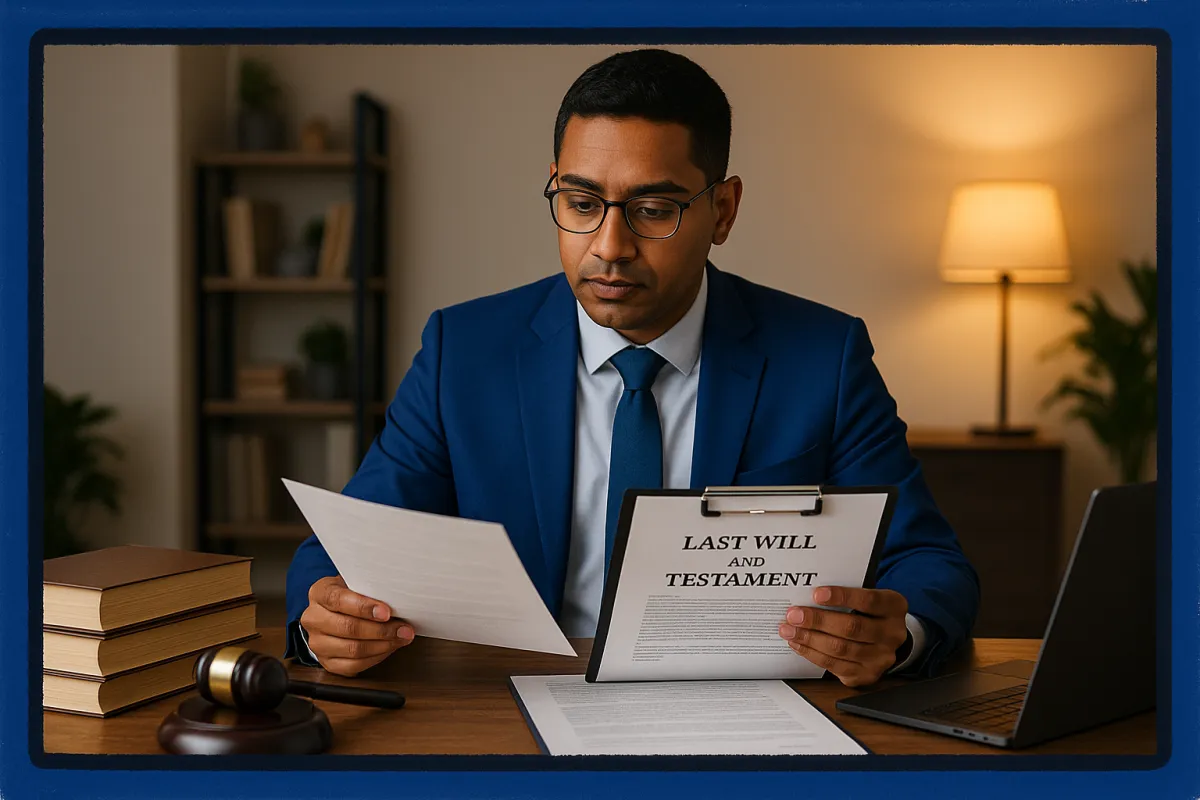 Connecticut probate representative reviewing legal estate documents at a professional desk with a gavel and legal files visible