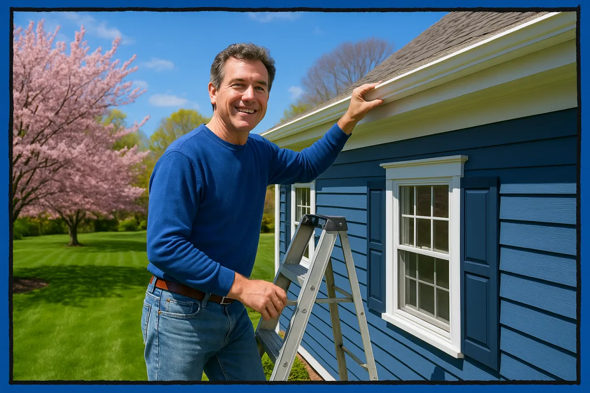 Connecticut homeowner checking roof gutters with a ladder on a bright spring day with lush green backyard and colonial home behind
