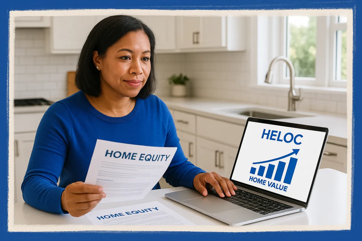 Connecticut homeowner reviewing HELOC and home equity financial documents on a laptop at a bright modern kitchen table with a rising home value chart on screen