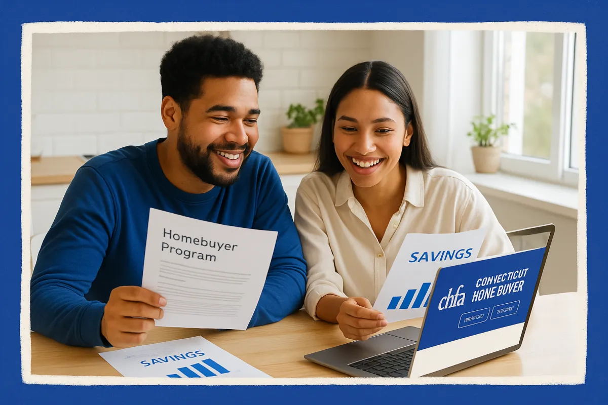 Young Connecticut couple reviewing homebuyer program documents and a savings plan at a bright kitchen table with a laptop and coffee