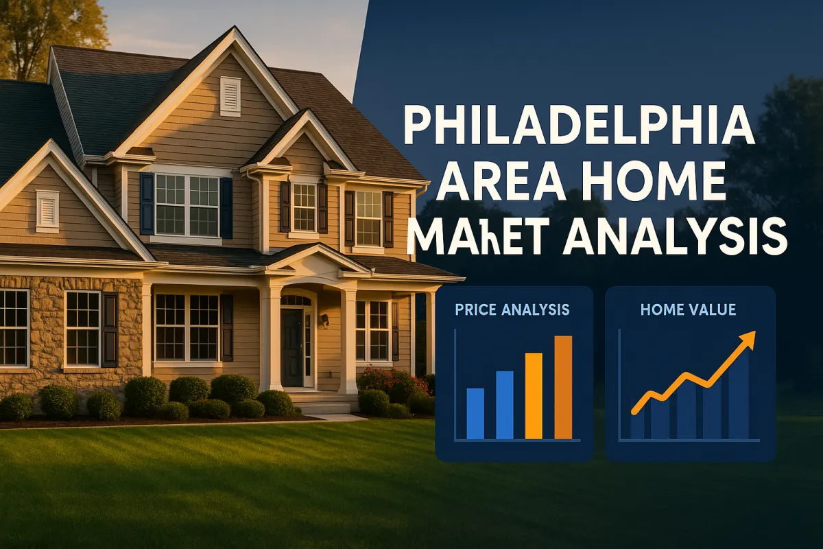 Philadelphia area suburban home with market analysis overlay in brand royal blue and orange