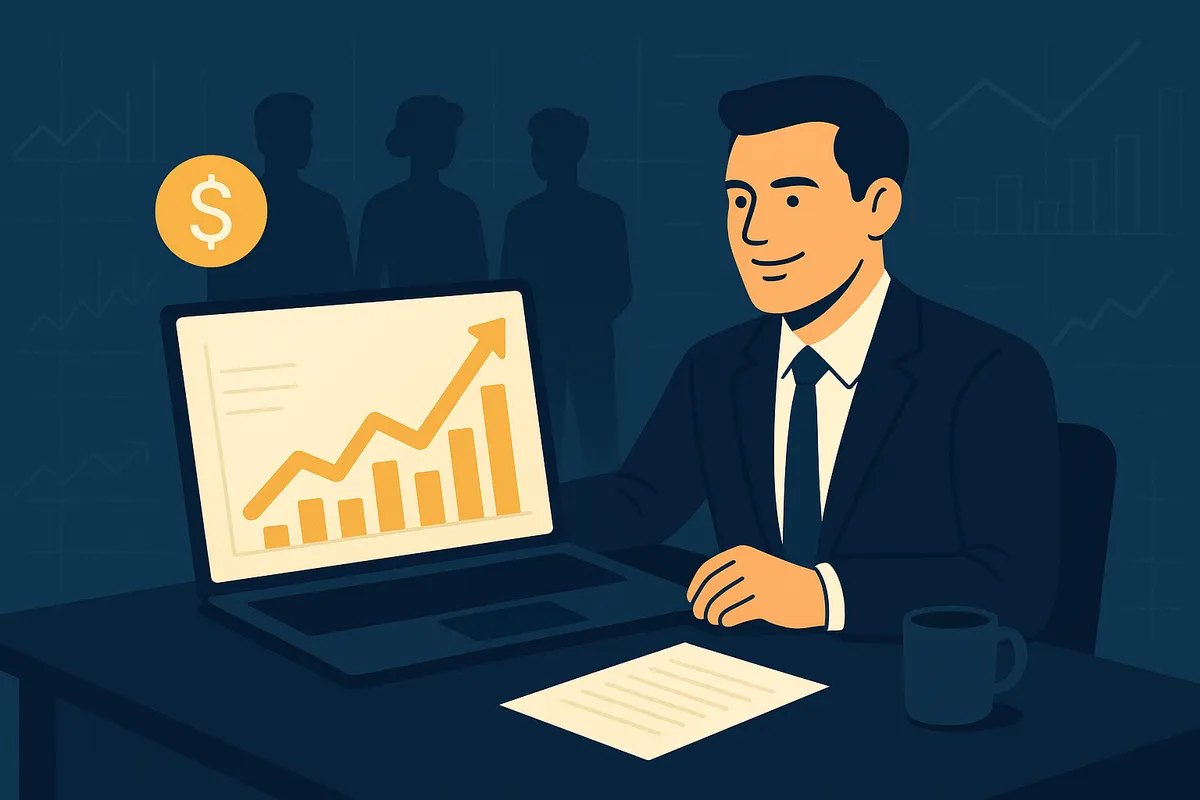 Business owner reviewing staffing company profit charts with employees in background, navy and gold color scheme