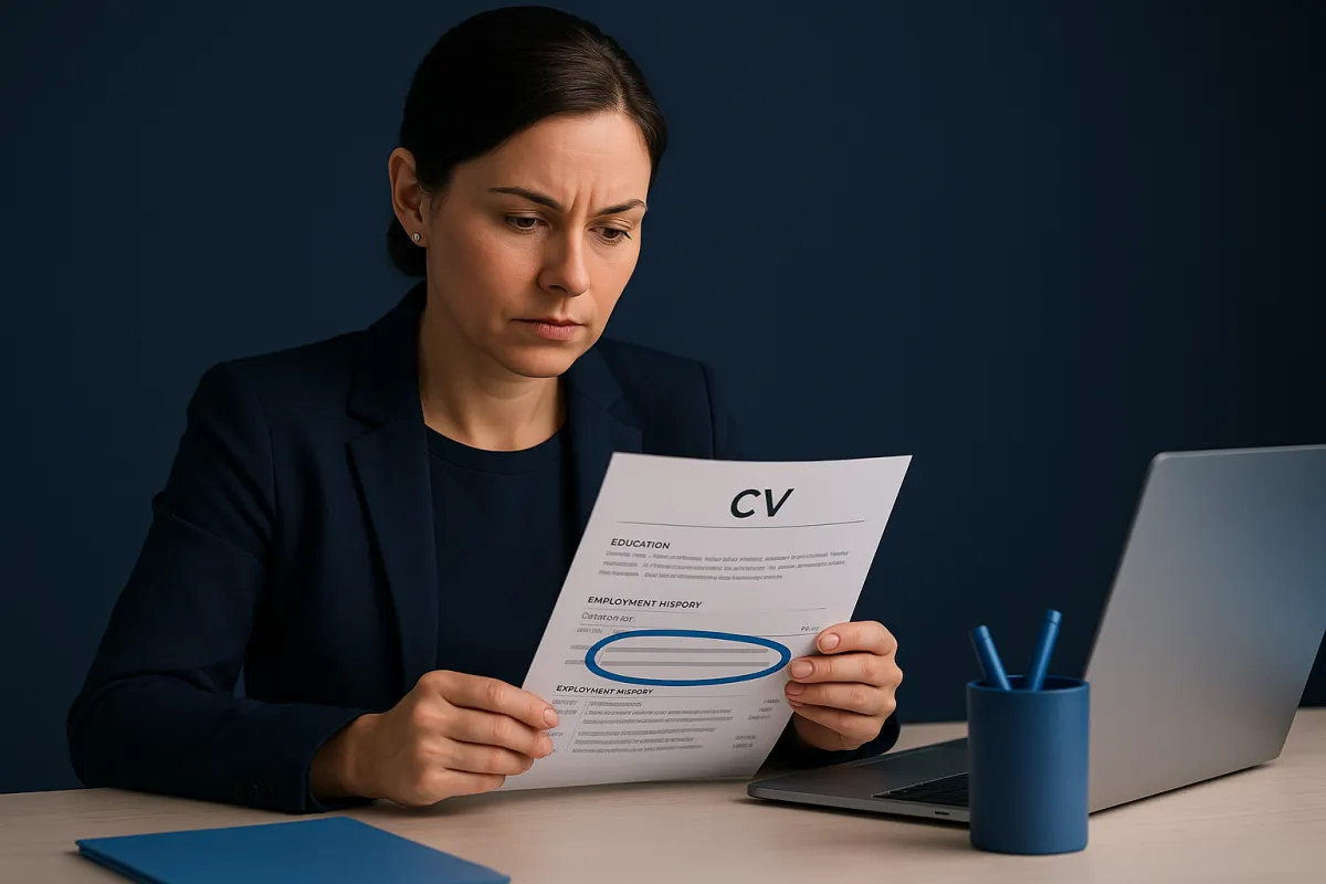 HR professional reviewing a CV with a highlighted employment gap, deep navy and mid-blue brand colours