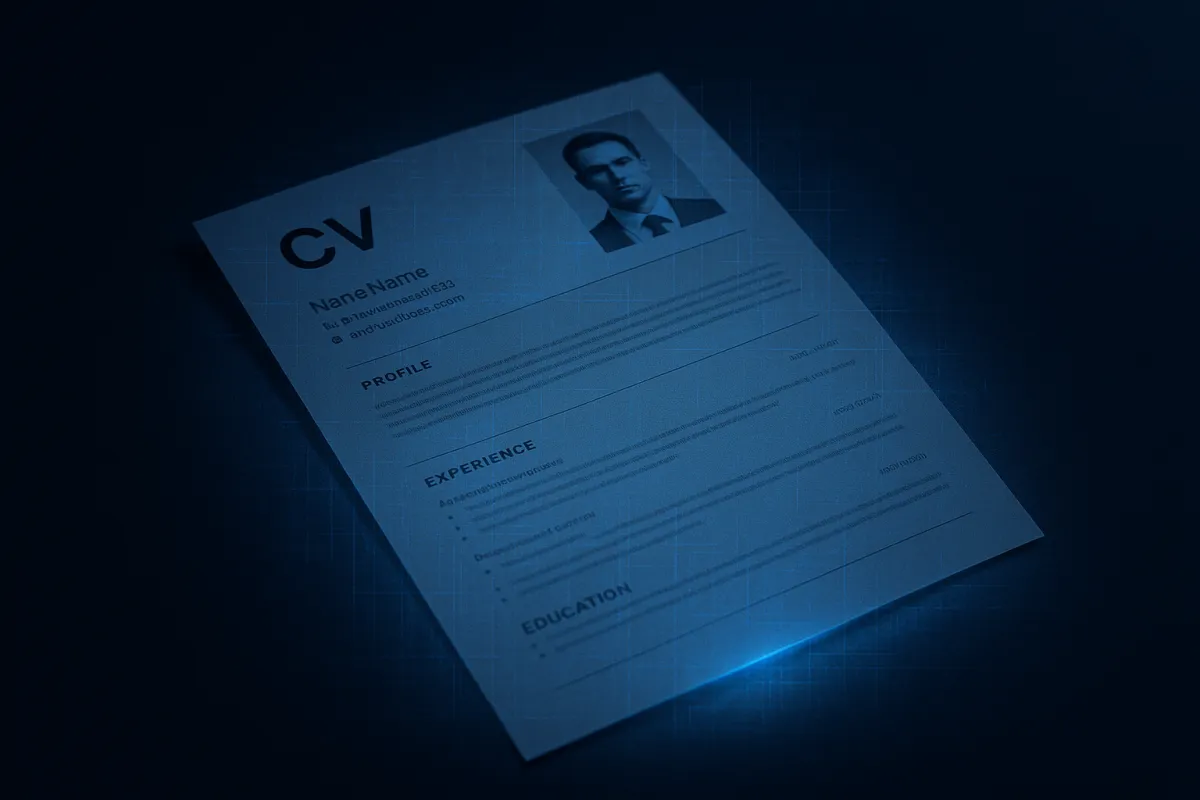 A professional CV document with a subtle AI digital distortion overlay suggesting fabricated employment history