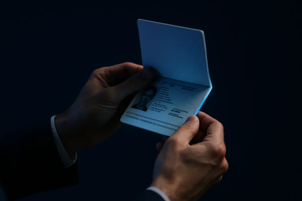 A professional closely examining an identity document, illustrating document fraud detection in employment screening