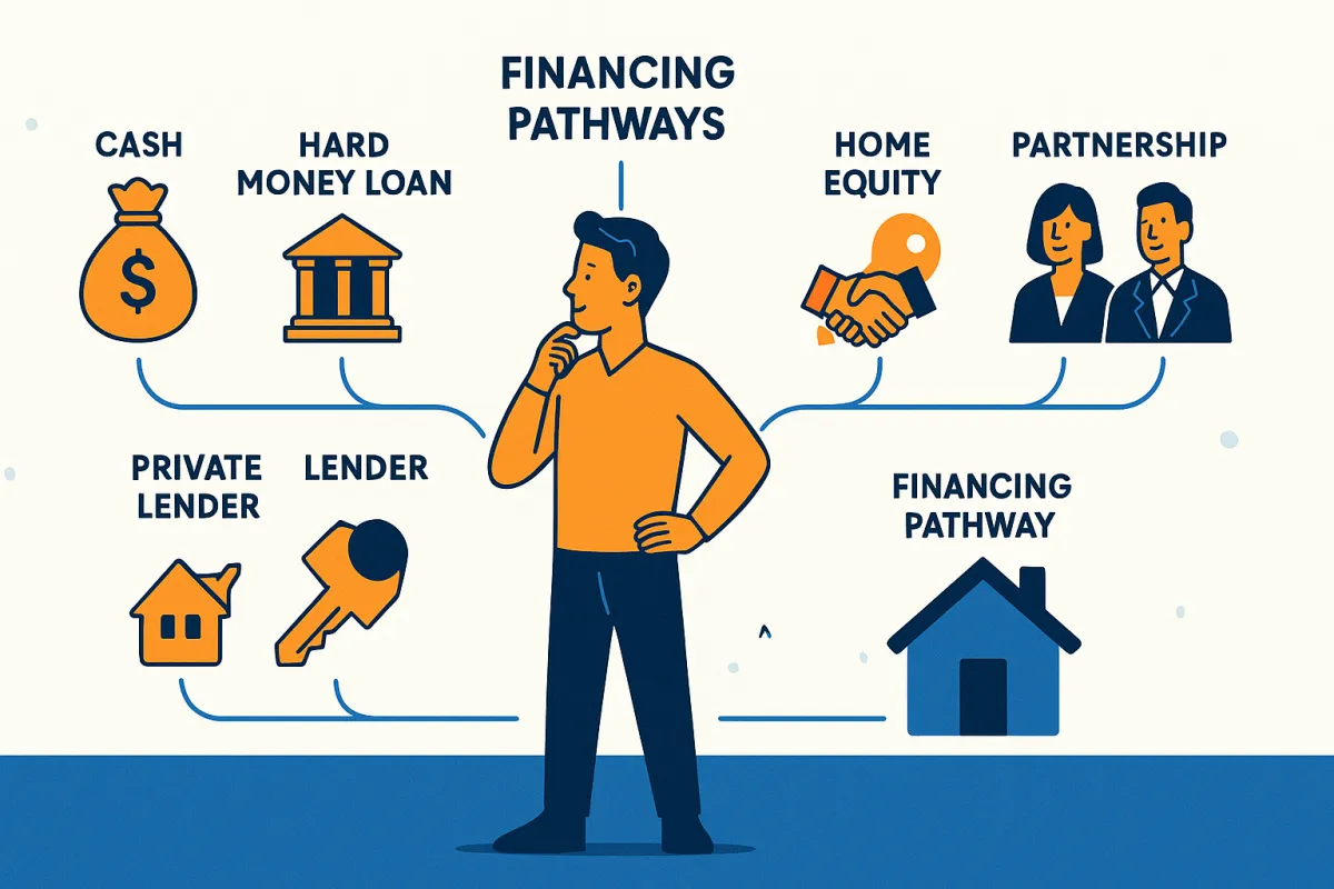 Illustrated five financing pathways for a first house flip including cash, hard money, private lender, home equity, and partnership