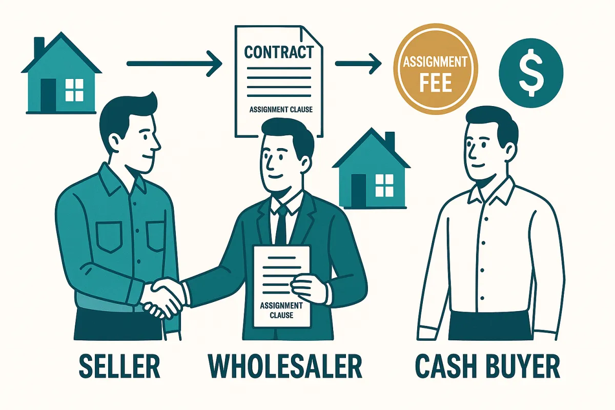 Illustrated wholesaler connecting a motivated seller and a cash buyer investor with an assignment contract