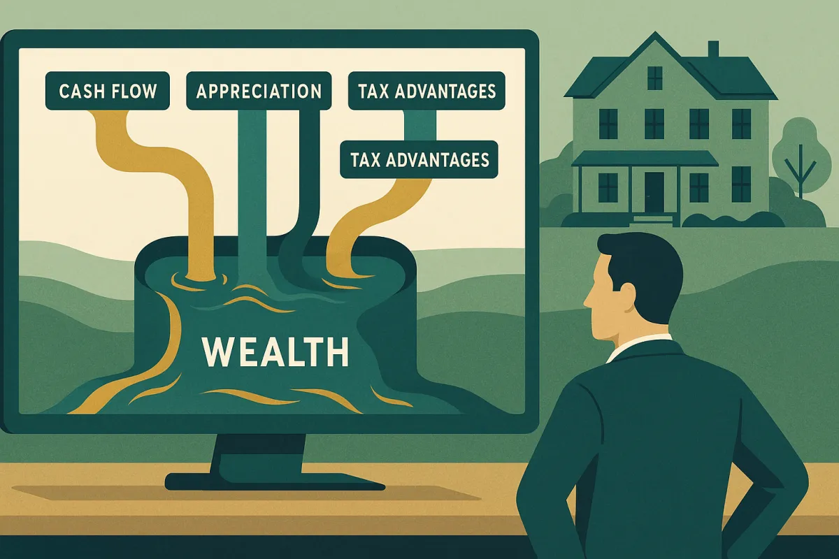 Illustrated rental property investor viewing four wealth streams: cash flow, appreciation, loan paydown, and tax advantages