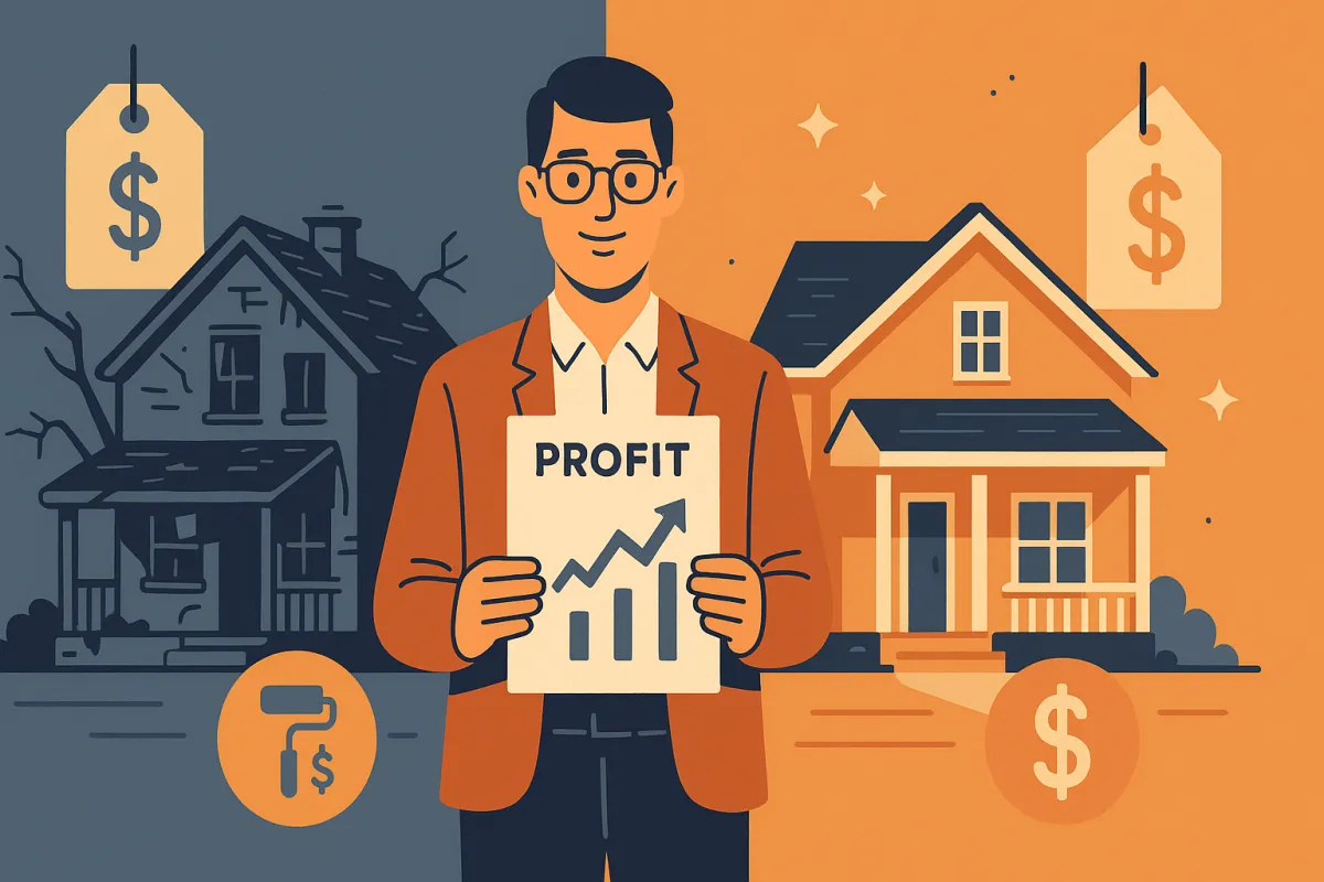 Illustrated before-and-after house flip showing distressed property transformed into renovated home with profit report