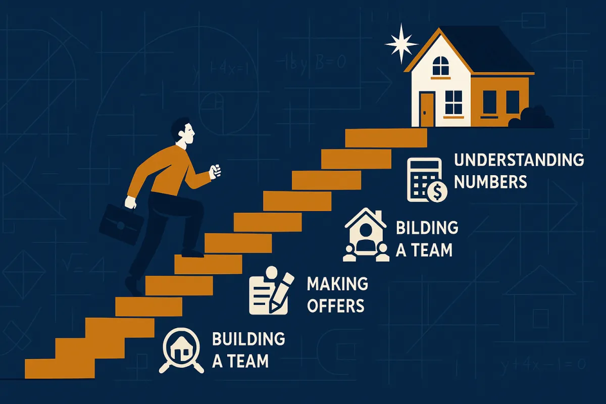 Illustrated step-by-step staircase guide to house flipping leading to a completed renovated home