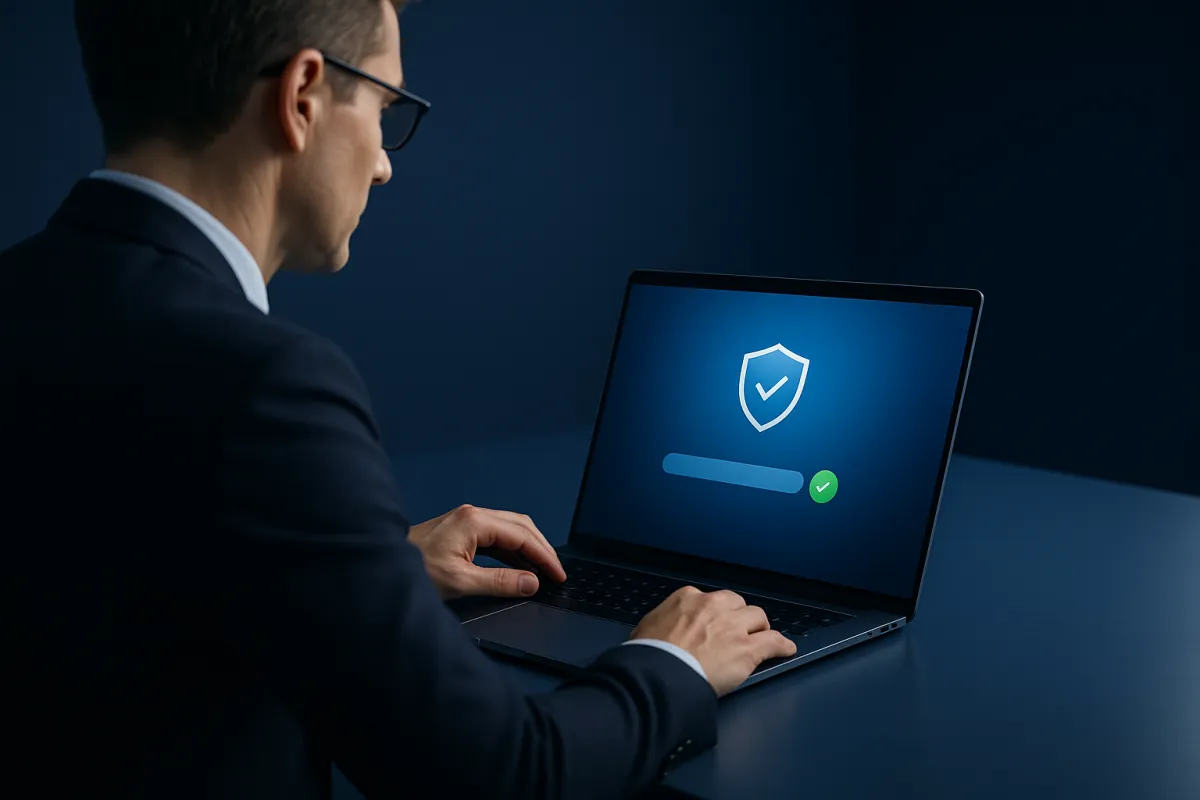 A compliance professional reviewing DBS Update Service status on a secure digital portal, representing expert guidance from Vetting Hub