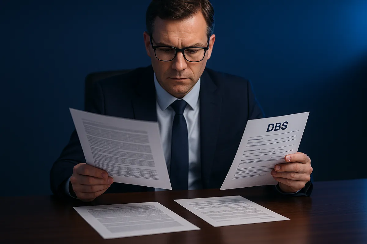 Compliance professional reviewing legal documents and a DBS certificate at a formal desk, representing expert ROA guidance from Vetting Hub