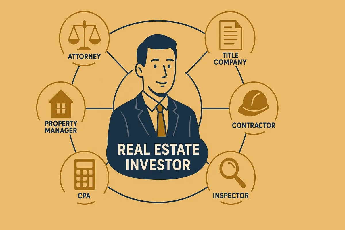 Illustrated real estate investor surrounded by a connected power team including attorney, contractor, title company, and CPA
