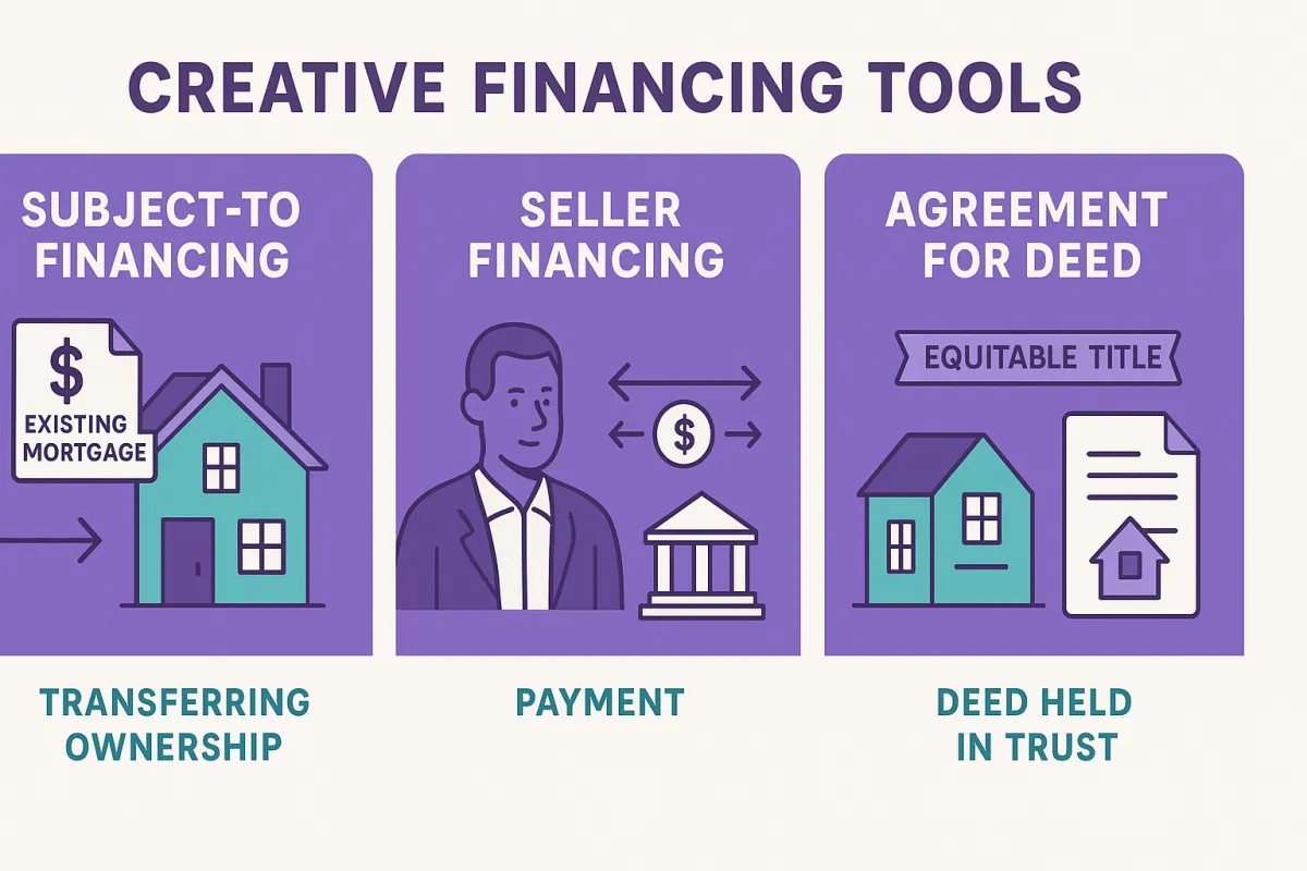 Illustrated breakdown of three creative financing tools: subject-to, seller financing, and agreement for deed