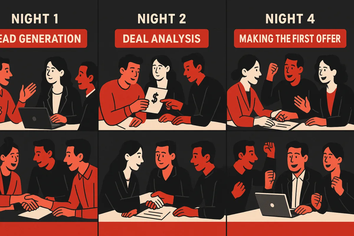 Illustrated five-evening real estate boot camp journey from lead generation to closing a first deal
