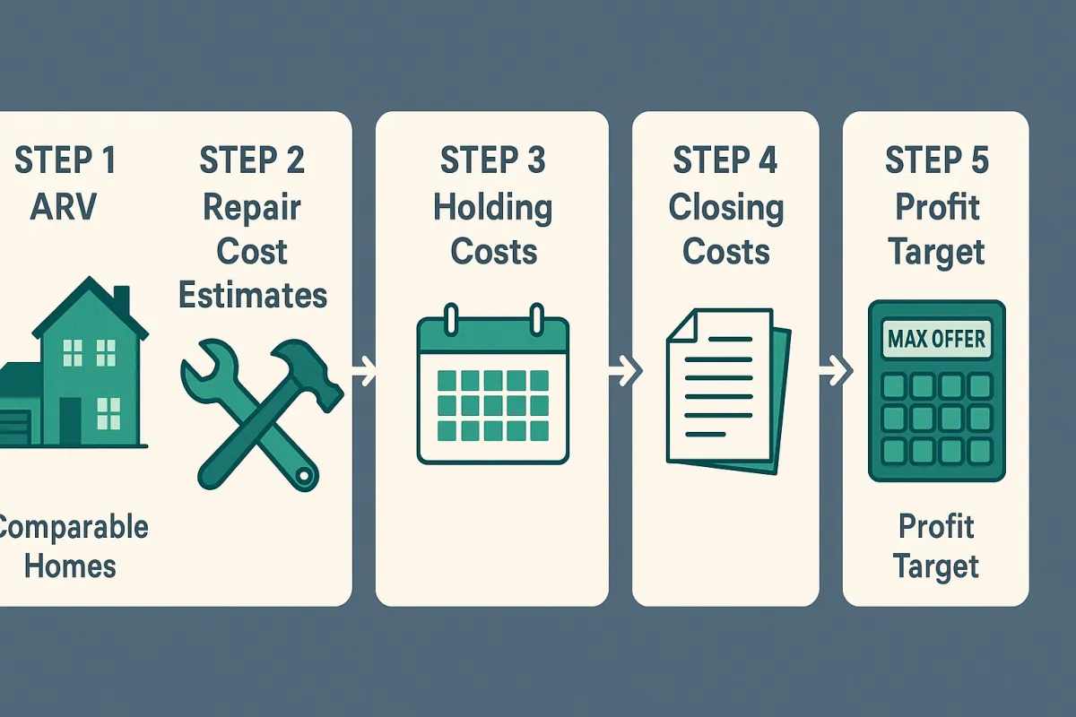 Illustrated five-step real estate deal analysis process from ARV to max offer calculation