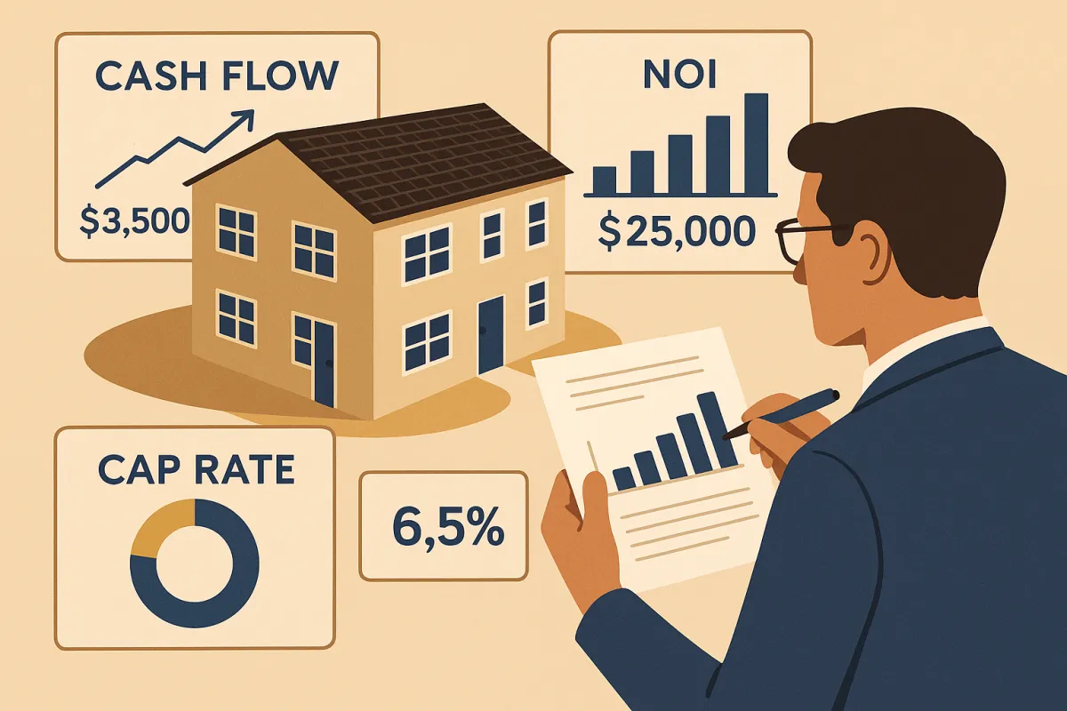 Professional illustrated scene of a real estate investor analyzing a multifamily apartment building investment with cash flow charts and financial metrics