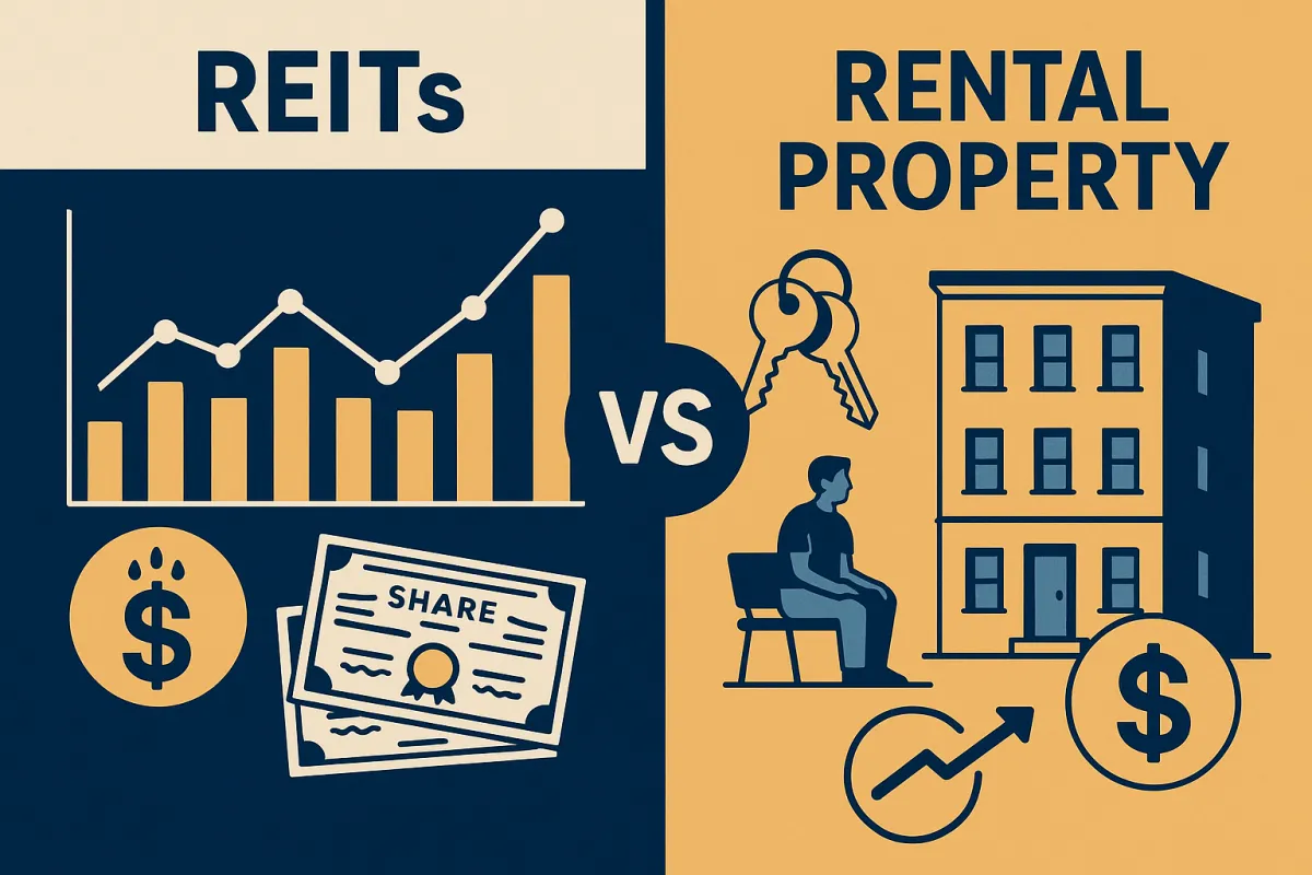 Professional illustrated split composition comparing REITs investment with stock and dividend icons versus direct rental property ownership with a building and keys