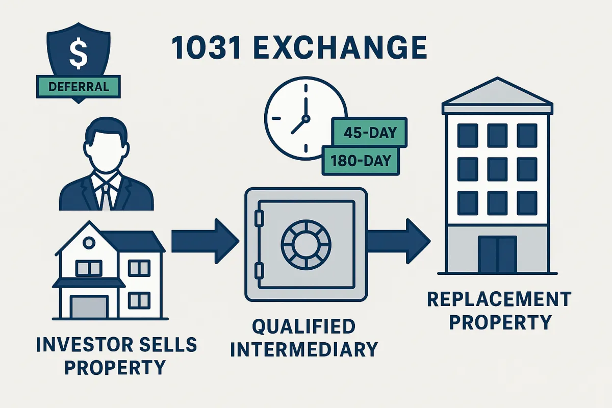 Professional illustrated diagram of a 1031 exchange real estate process showing property sale, qualified intermediary escrow, 45-day and 180-day deadline timeline, and replacement property