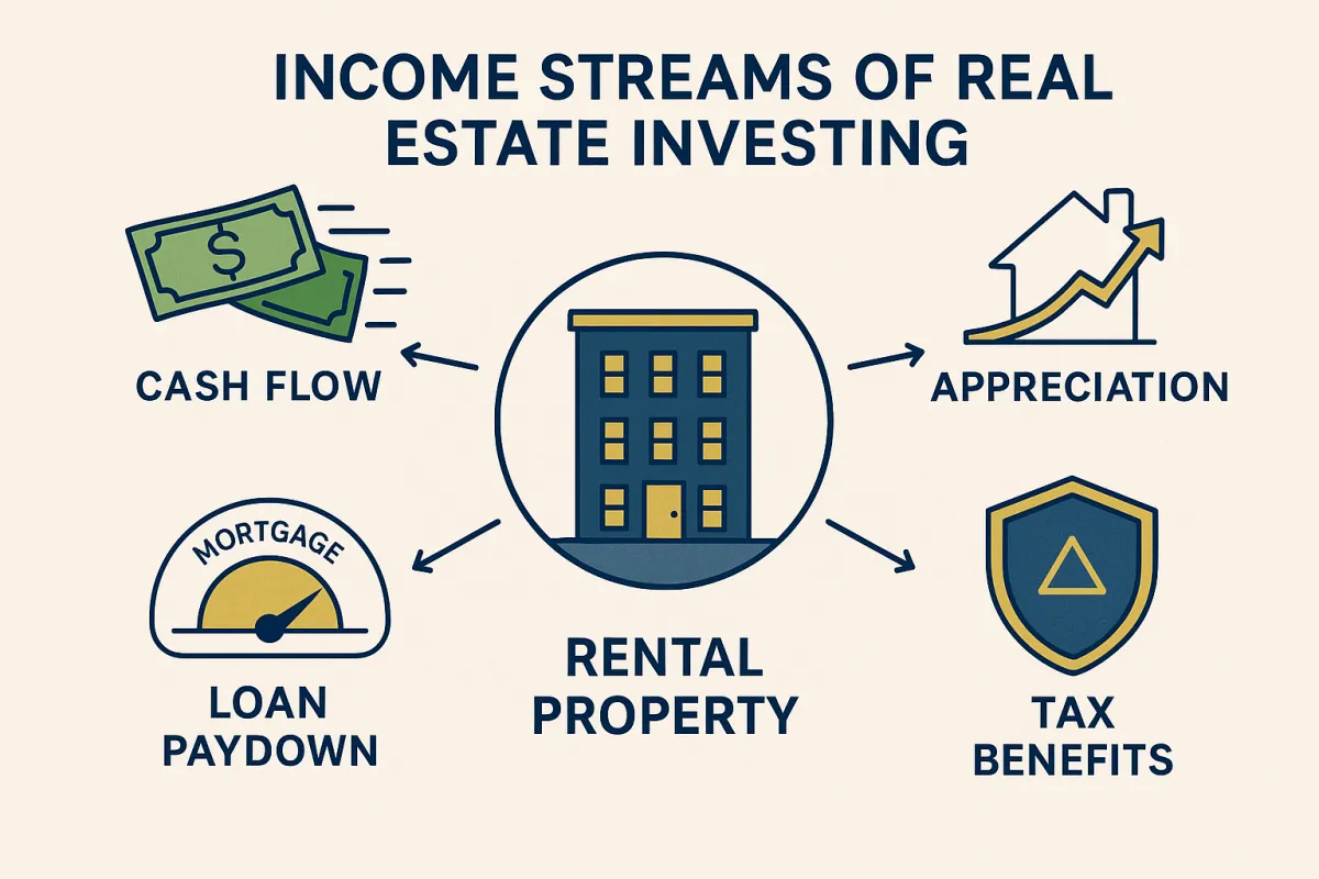 Professional illustrated infographic showing four income streams of real estate investing: cash flow, appreciation, loan paydown, and tax benefits radiating from a central rental property