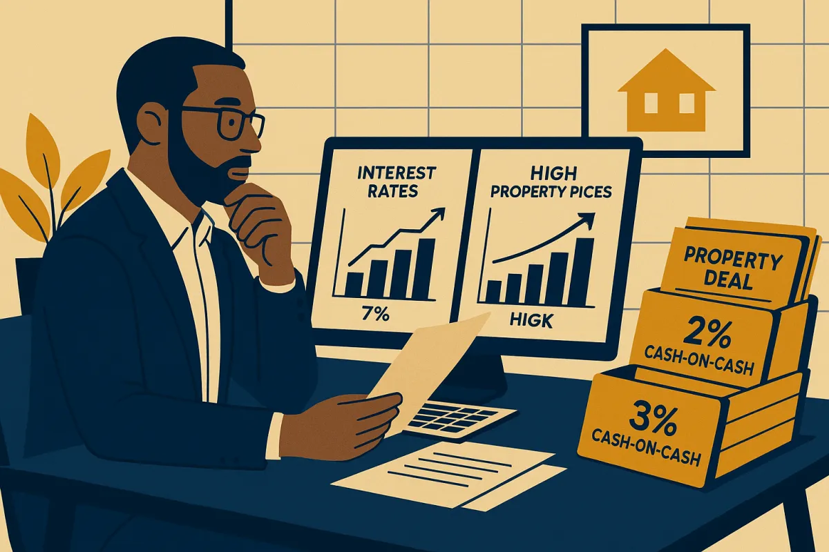 Professional illustrated scene of a real estate investor analyzing compressed market conditions with rising interest rates and elevated property prices shown on charts