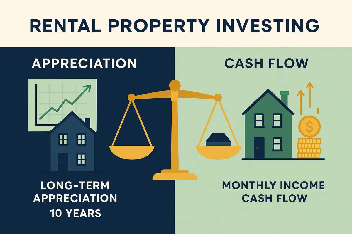 Professional illustrated split comparison showing rental property appreciation value growth over time versus steady monthly cash flow income stream balanced on a scale