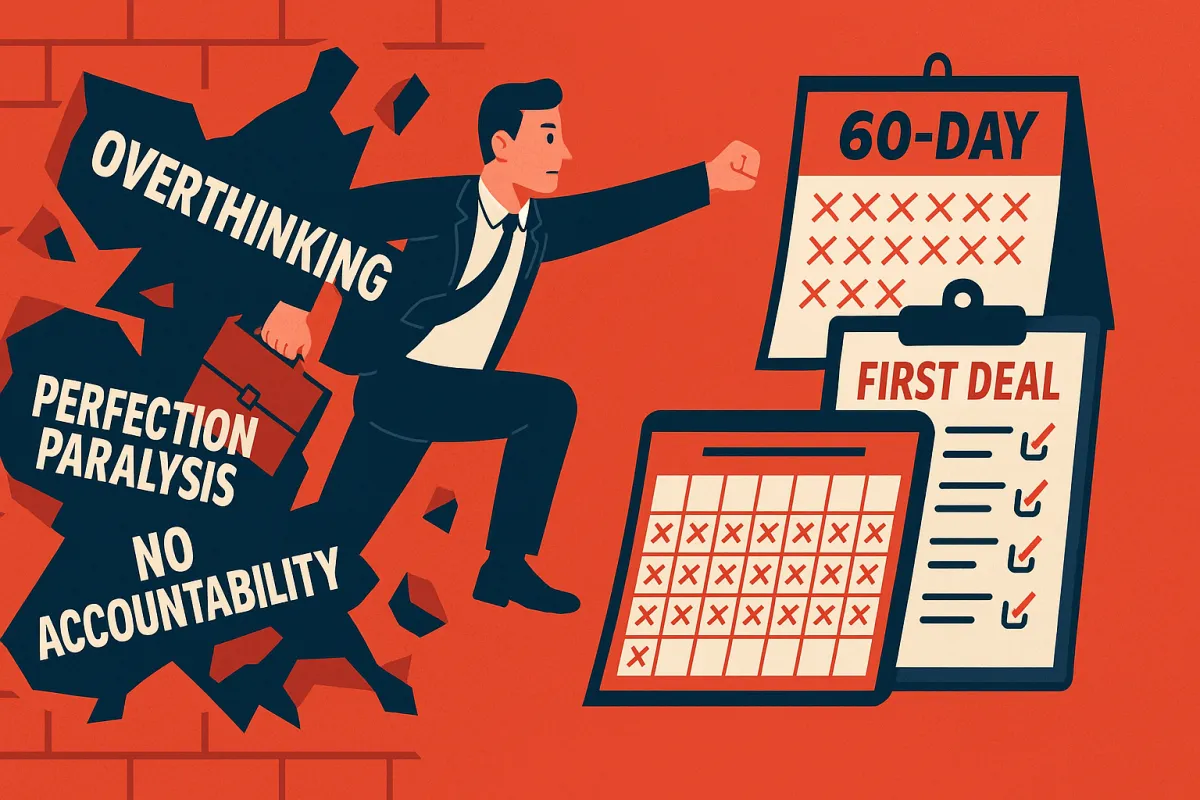 Illustrated investor breaking through barriers of paralysis with accountability framework and 60-day action plan