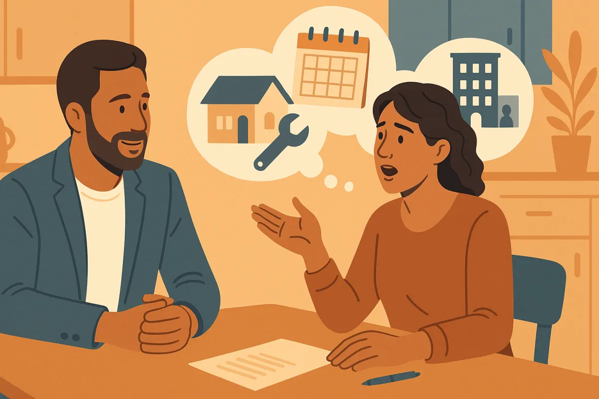 Illustrated real estate investor having an honest, empathetic conversation with a motivated seller focused on solving their problem