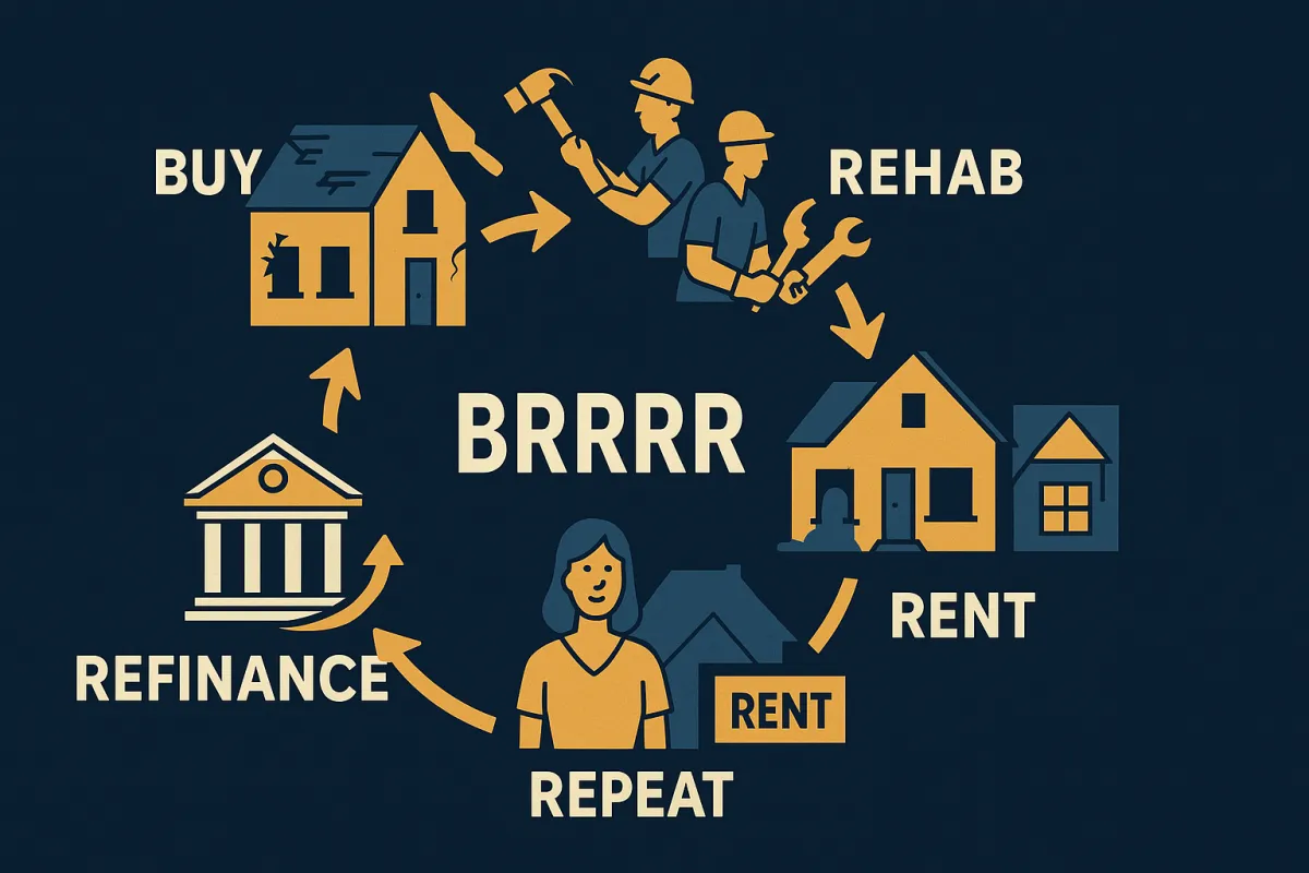 Illustrated BRRRR strategy cycle showing Buy, Rehab, Rent, Refinance, Repeat with capital recycling arrows