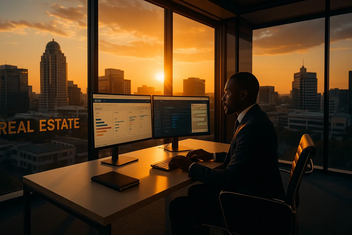 South African estate agent working at a CRM dashboard in a modern real estate office at golden hour with city skyline behind him
