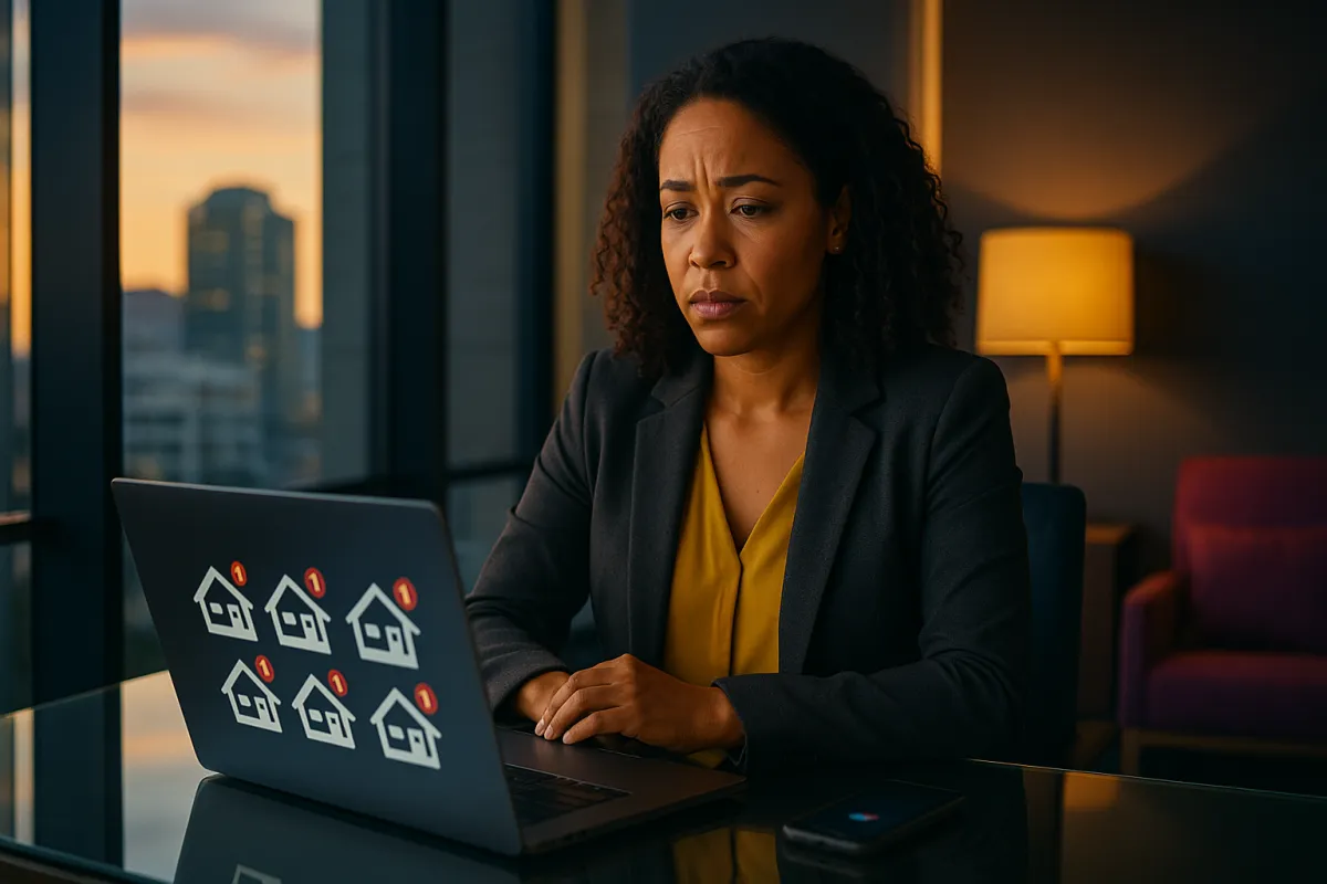 South African estate agent at desk with unanswered portal lead notifications on laptop and phone