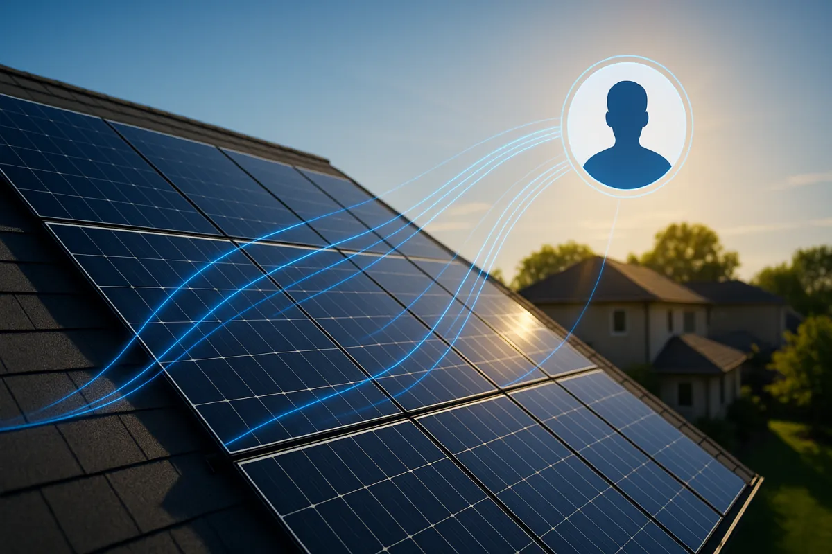 Sleek black solar panels on residential rooftop with blue sky and data visualization identification overlay