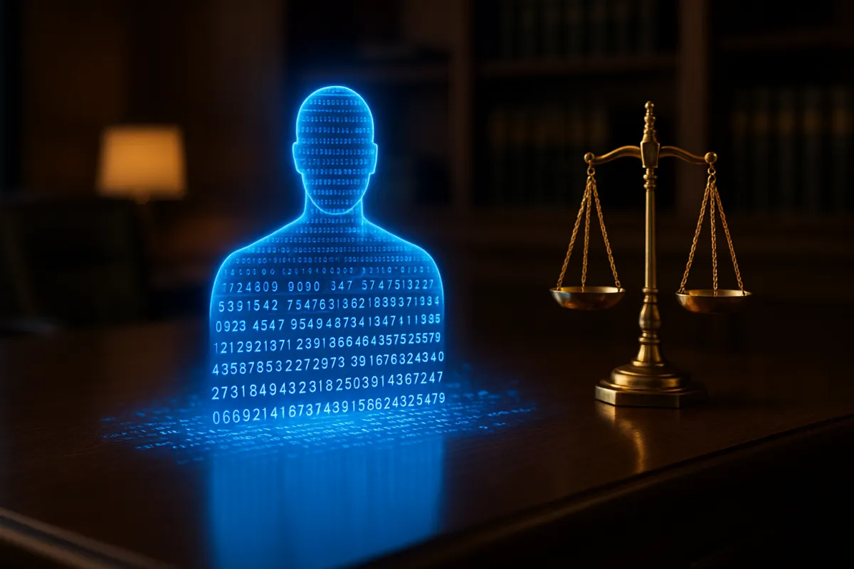 Modern law office interior with scales of justice and glowing blue digital identification data overlay