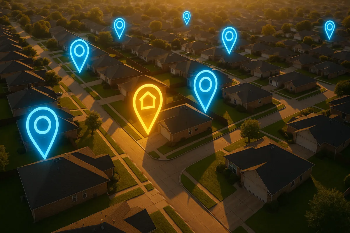Aerial drone view of suburban neighborhood at golden hour with glowing blue property identification pins