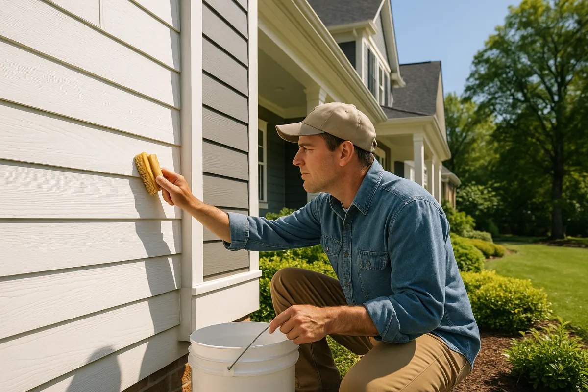 Richmond VA homeowner inspecting and cleaning home siding on a bright sunny day