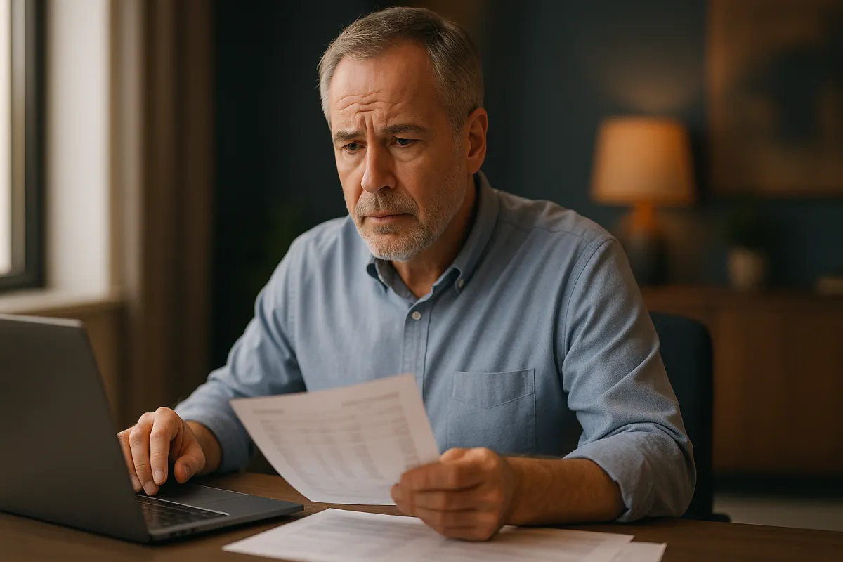 Senior professional reviewing finances during career transition
