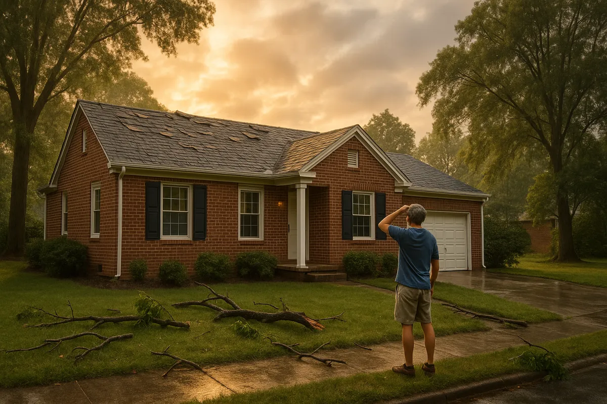 Richmond VA homeowner inspecting home exterior for storm damage after a thunderstorm