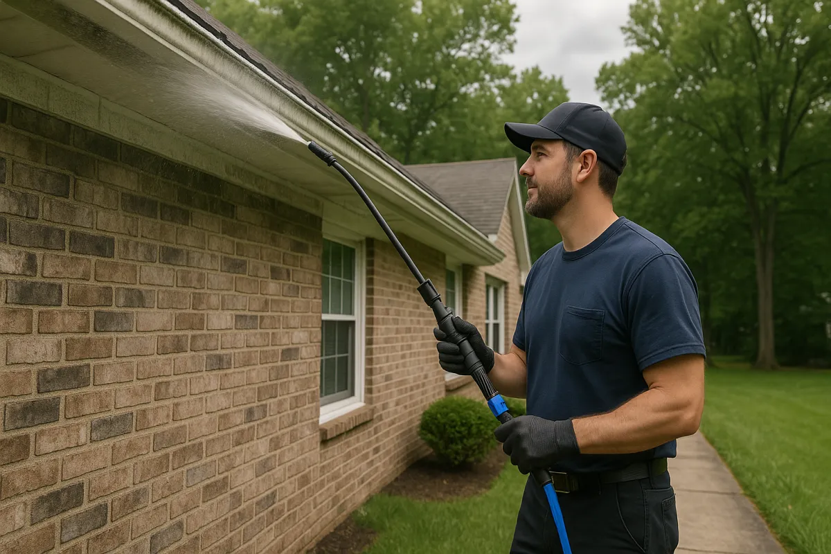 Homeowner soft washing gutters and brick exterior of a Southern Maryland home