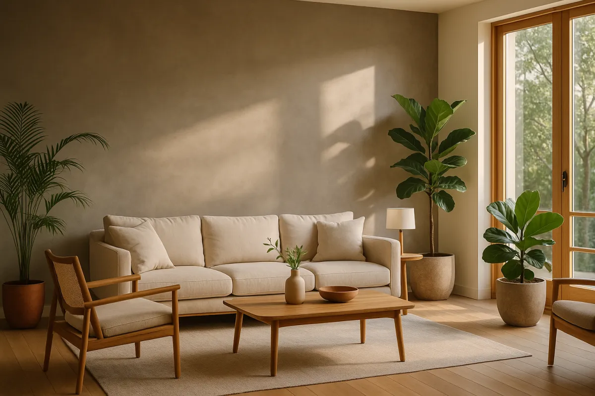 Sala moderna com parede de cimento queimado aveludado em tons neutros — revestimento decorativo Decor Colors em Espírito Santo do Pinhal