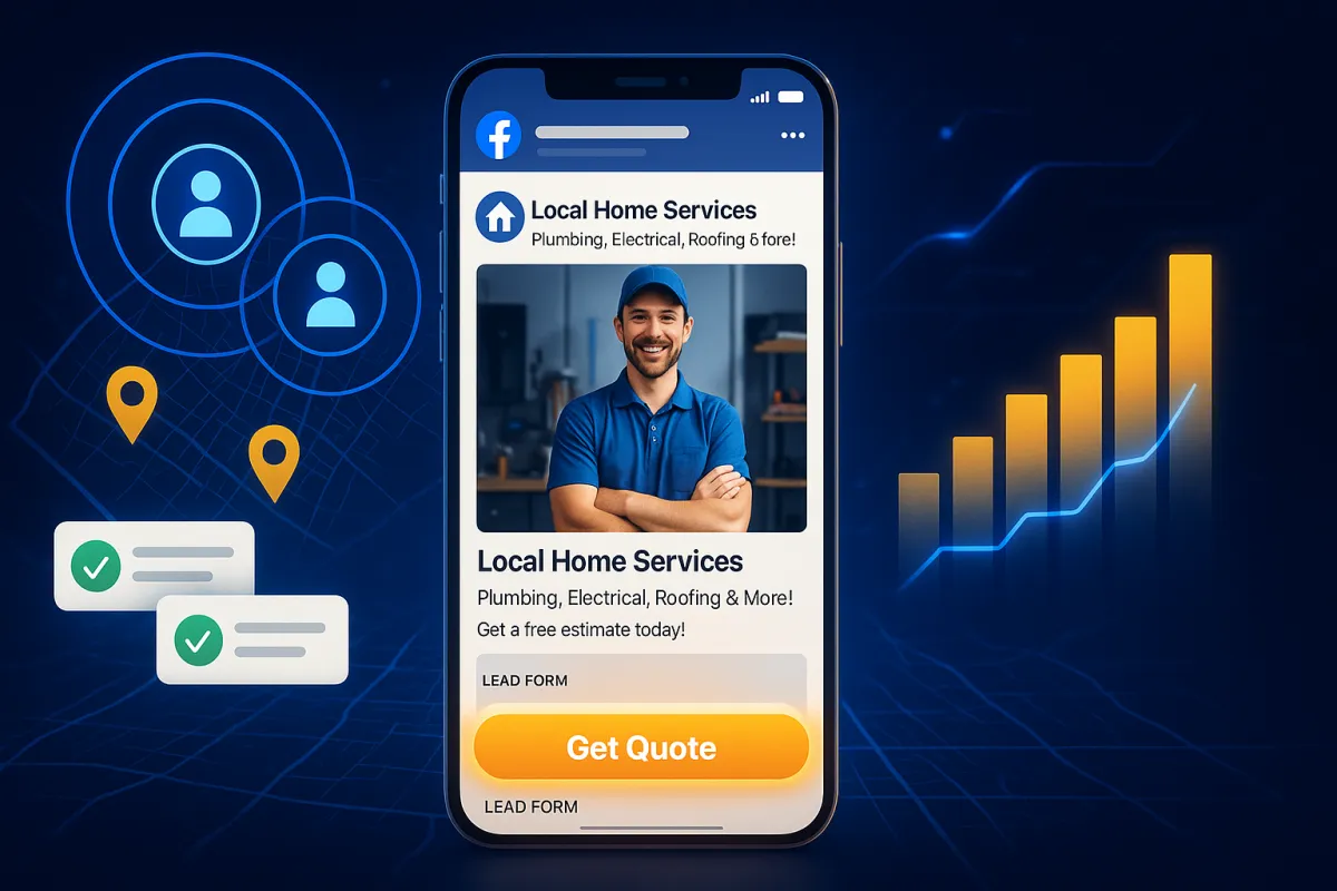 Facebook lead generation ads for local service businesses showing smartphone with lead gen ad and audience targeting rings over city map