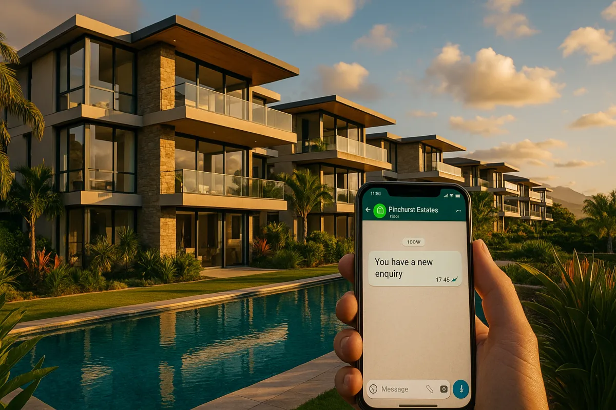 Premium South African luxury residential development at golden hour with WhatsApp enquiry notification — Development Funnels