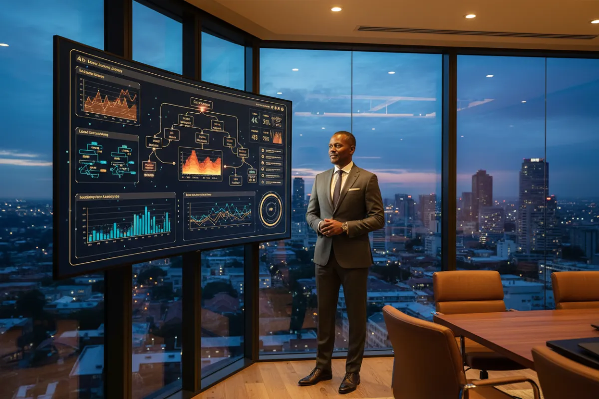 South African property development director reviewing an AI-powered dashboard with buyer journey analytics in a modern boardroom at dusk
