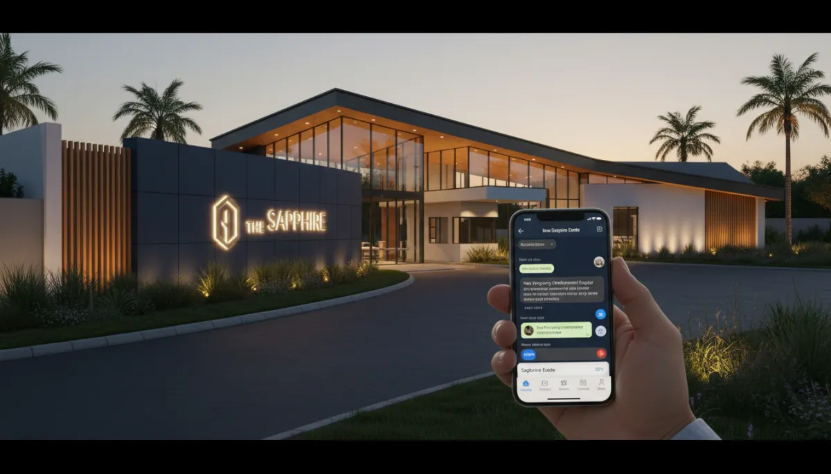 South African luxury residential estate entrance at golden hour with WhatsApp property enquiry on smartphone — Development Funnels