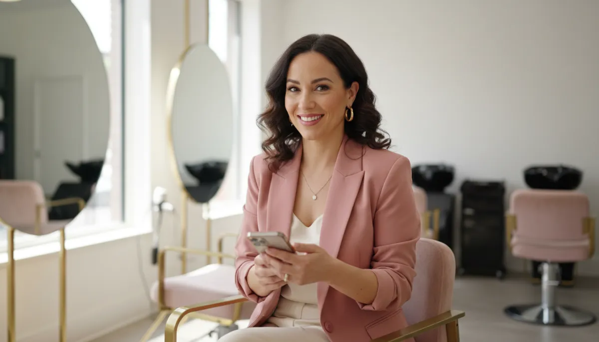 Local business owner using AI voice booking on smartphone in a modern salon