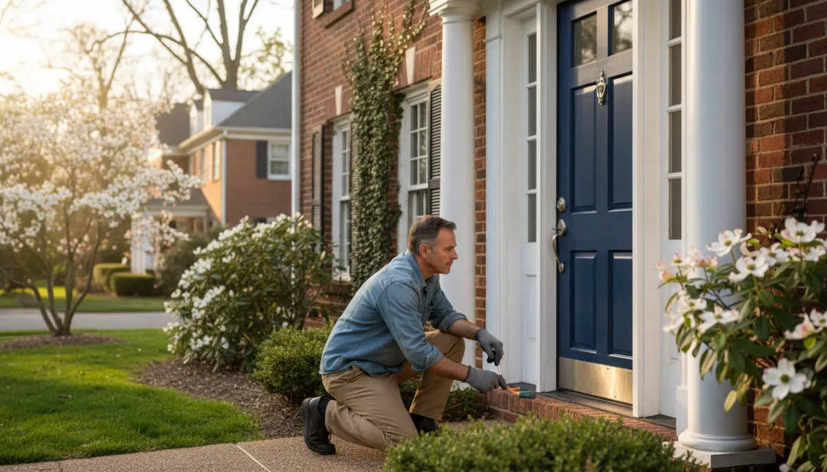 Richmond VA homeowner inspecting and maintaining a beautiful navy blue front entry door on a sunny day