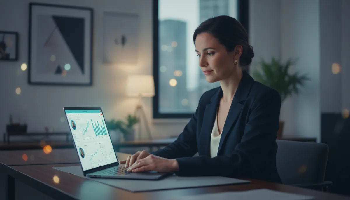 Small business owner using CRM lead generation automation on a laptop in a modern office
