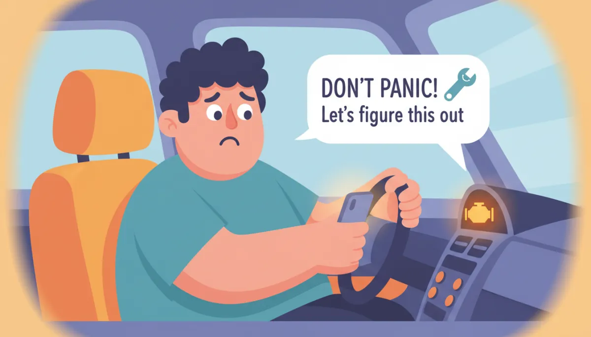 Confused car owner looking at a check engine light on their dashboard