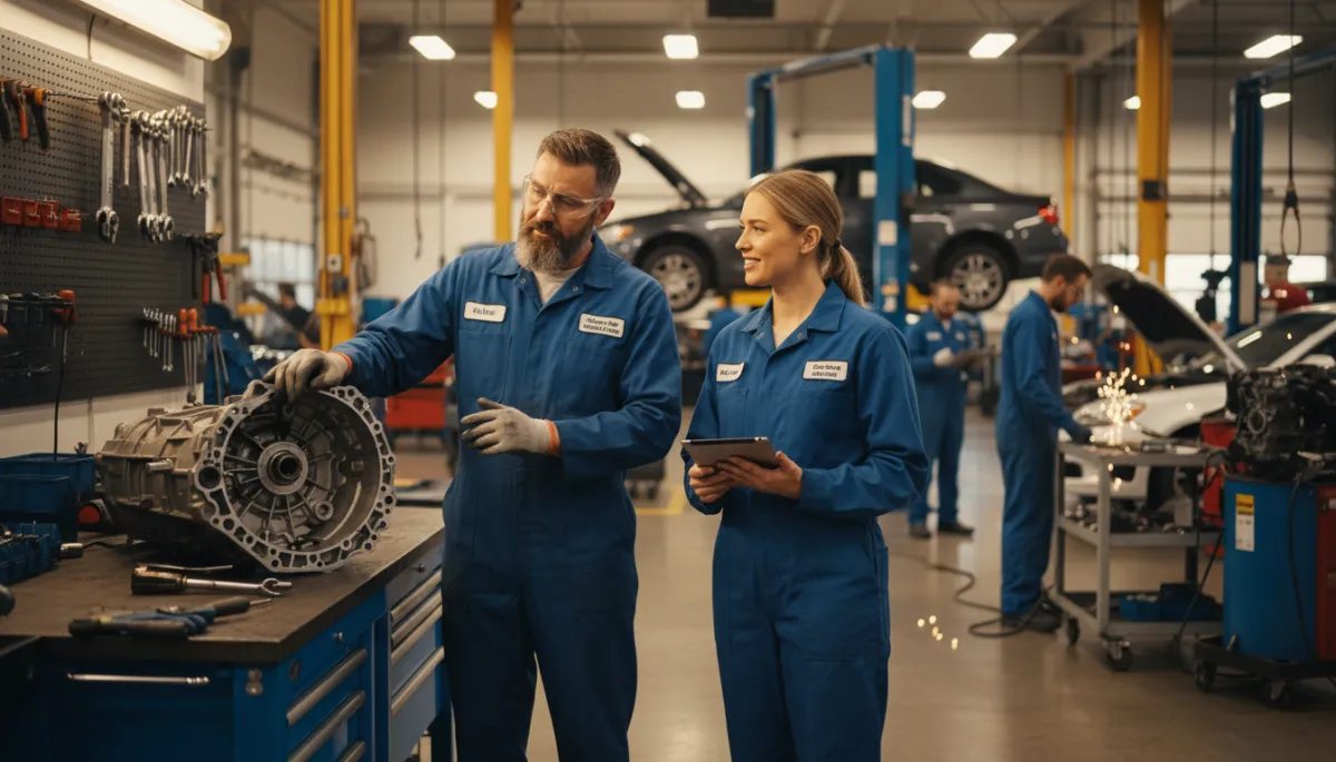 Two professional transmission technicians discussing a repair inside a well-lit shop