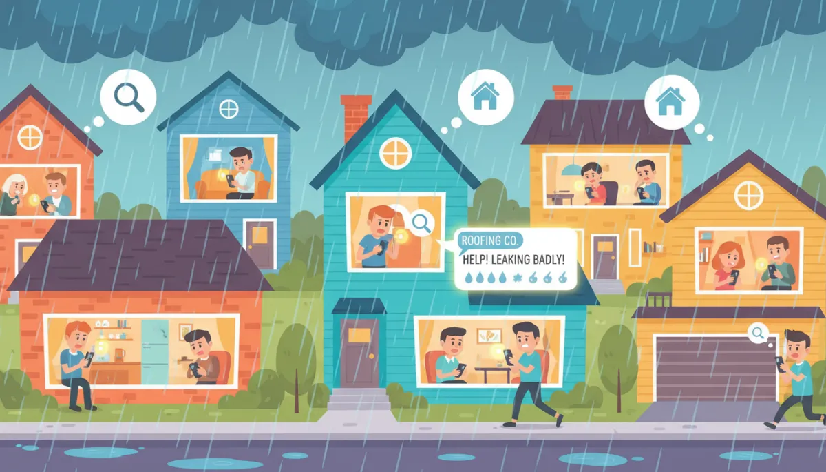 Cartoon illustration of neighborhood during storm with homeowners searching for roofing companies