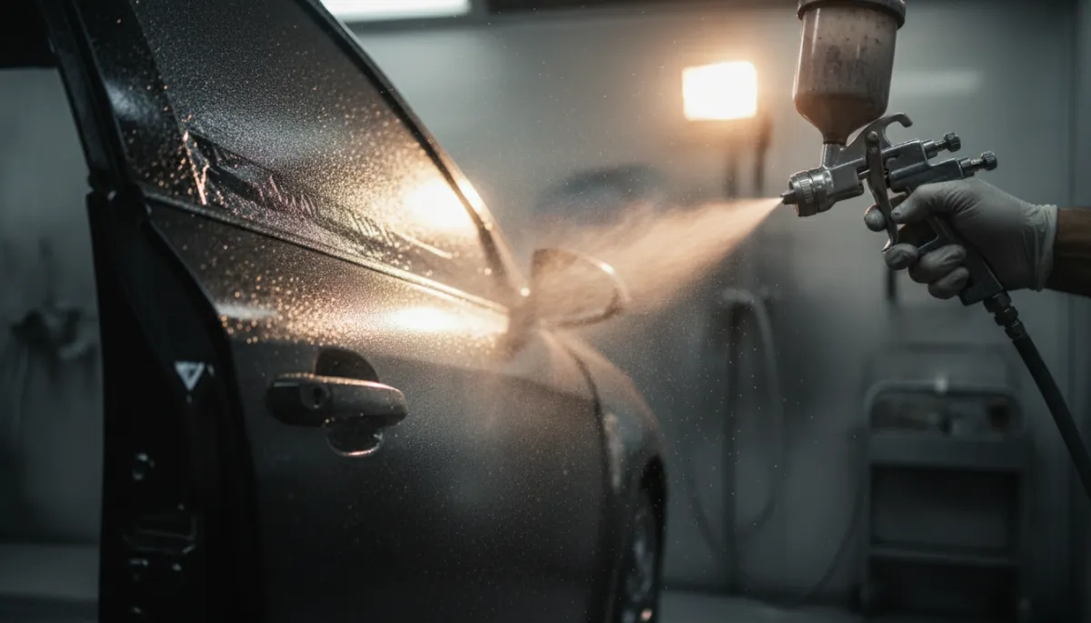 Cinematic close-up of a car door being professionally repainted in a paint booth